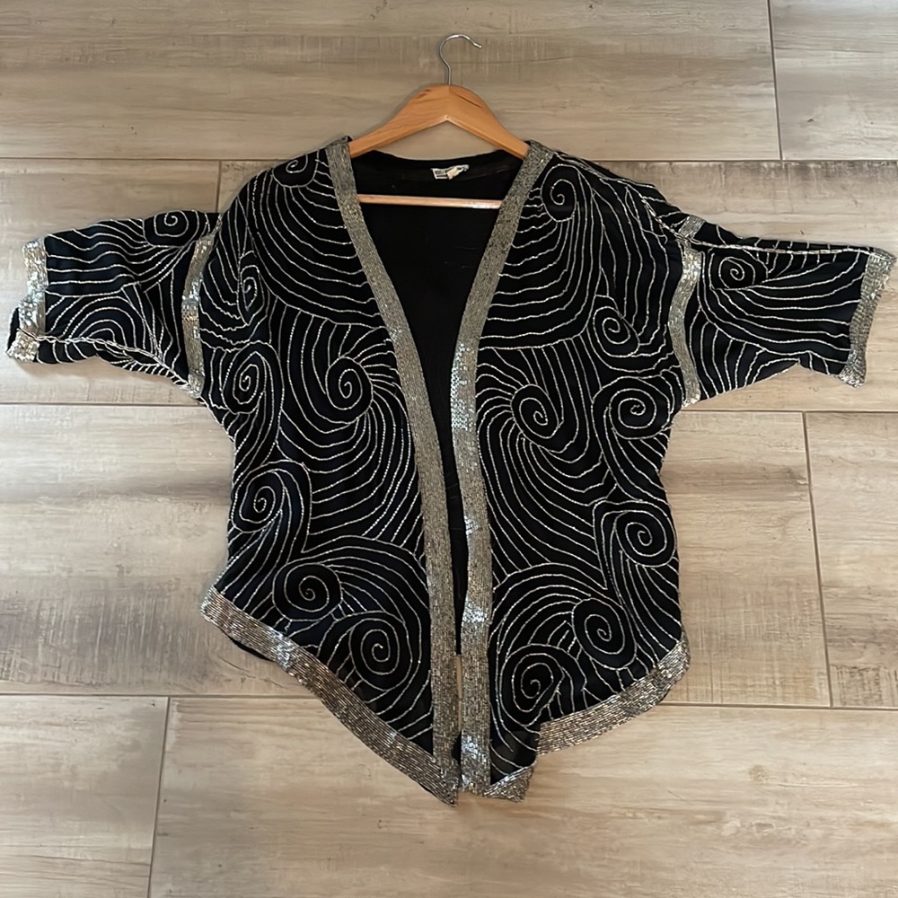Vintage Beaded silk top jacket, black & silver, M
